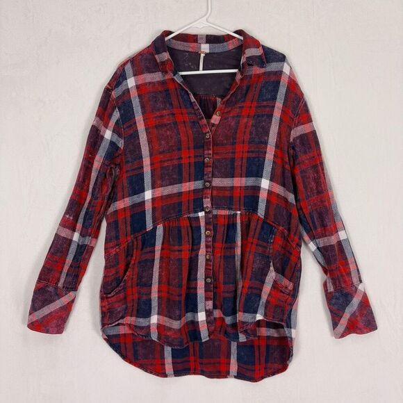 Free People Red & Blue Plaid Collared Button Front Long Sleeve Shirt Women's Med - Picture 1 of 10
